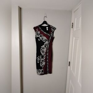 Cache Black and Burgundy Midi Dress with White Floral Pattern